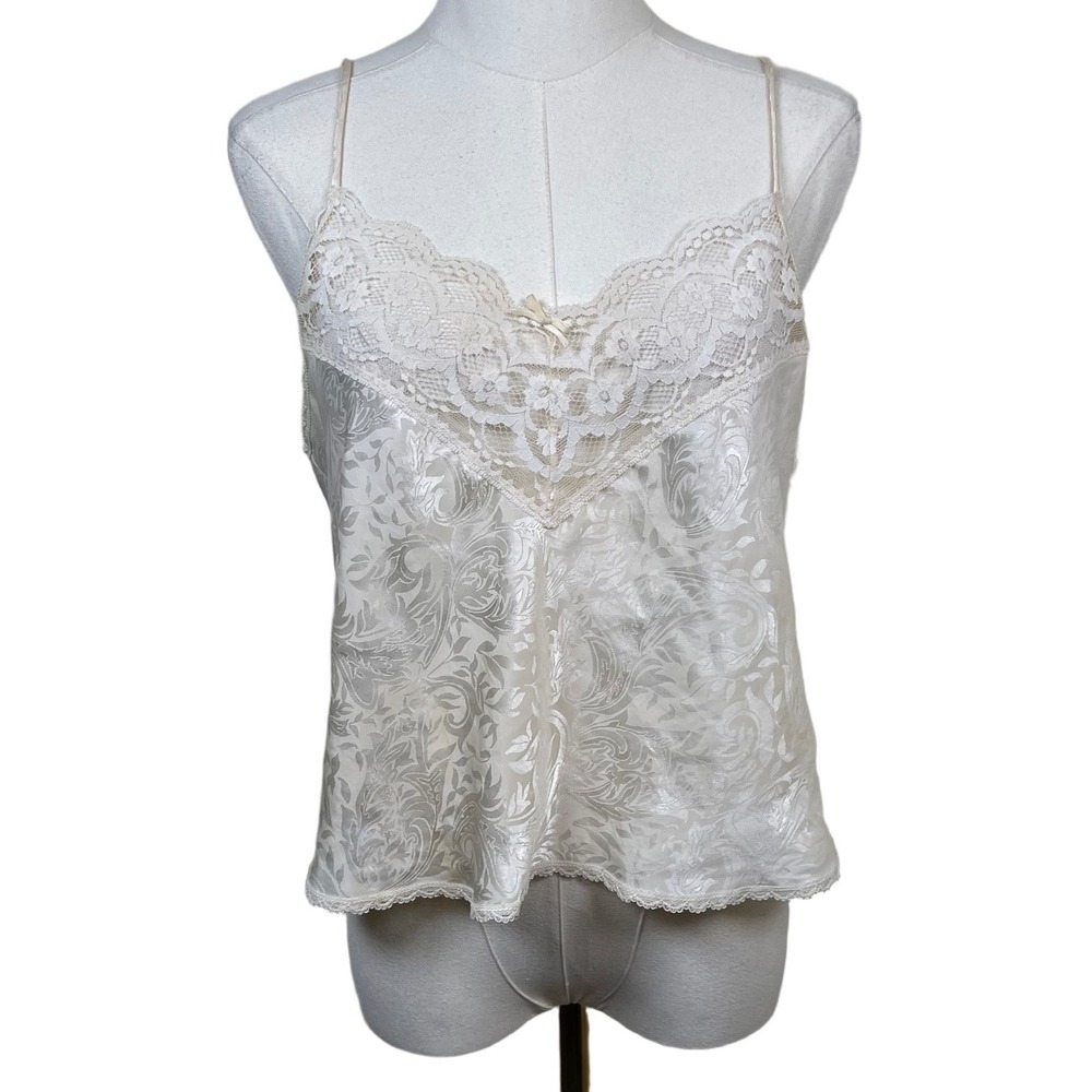 Vintage Deena Cami Lingerie Top Women L Cream Floral Lace Trim Jacquard Coquette